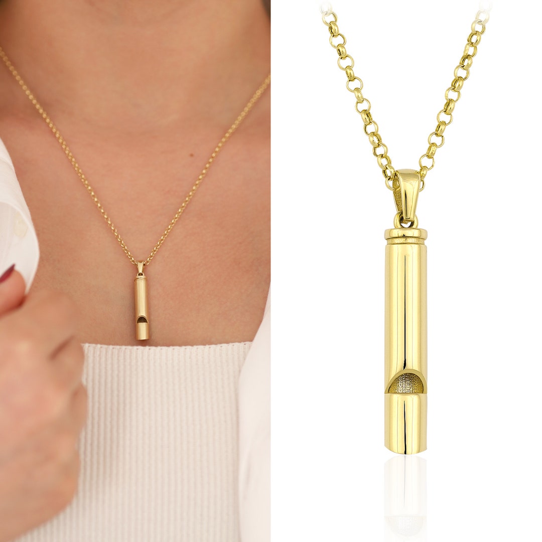14K Gold Whistle Necklace Whistle for Hurricane, Earthquake, Help Call Whistle Pendant, Music