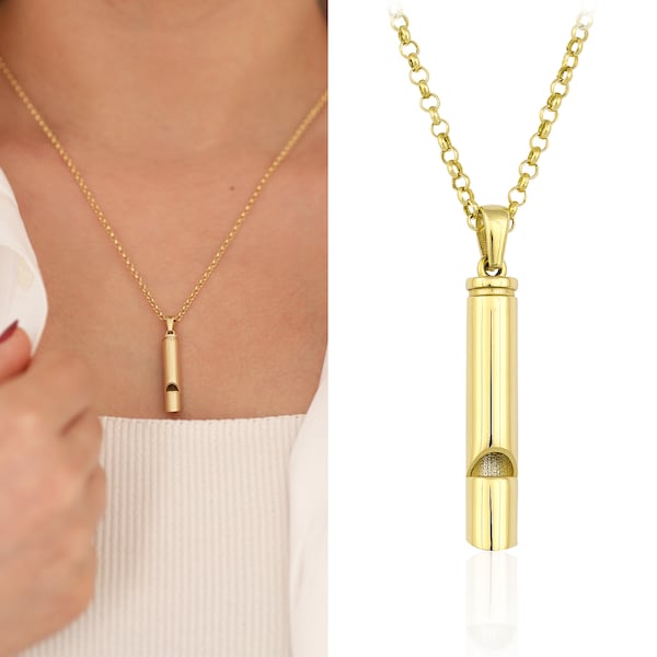 14K Gold Whistle Necklace | Whistle For Hurricane, Earthquake, Help Call Whistle Pendant, Music Gift, Gift for Children, Gift for Elders