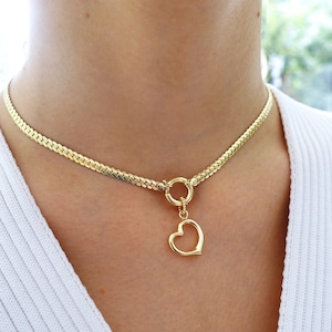 Heart Charm Sailor Lock Herringbone Chain Necklace 14k Gold Thick Flat Snake Chain Necklace, Heavy Fine Jewelry Valentine's Day Gift #3 - Hollow Heart 1