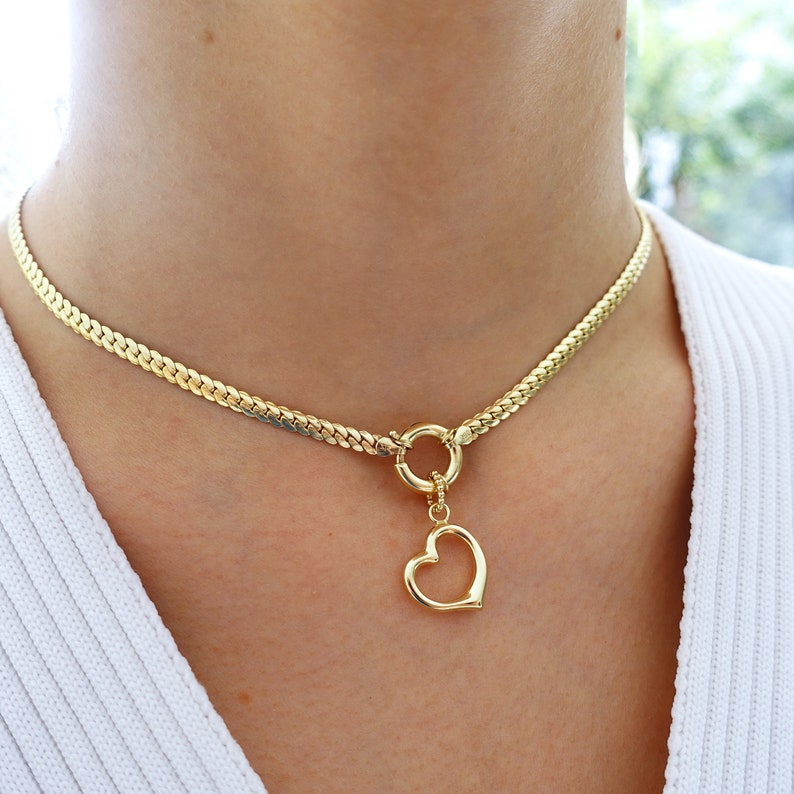 Heart Charm Sailor Lock Herringbone Chain Necklace 14k Gold Thick Flat Snake Chain Necklace, Heavy Fine Jewelry Valentine's Day Gift image 4