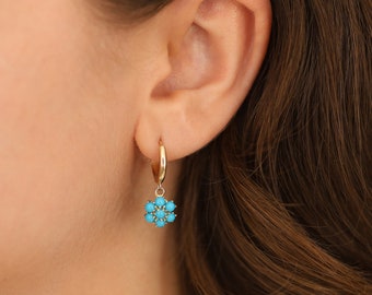 14k Gold Turquoise Hexagon Earrings | Honeycomb December Birthstone Dangles