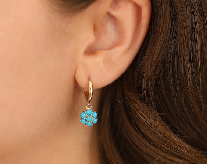 14k Gold Turquoise Hexagon Flower Dangle Earrings | Honeycomb Blue Turquoise Stud Earrings, December Birthstone, Birthday Gift, Gift for Her