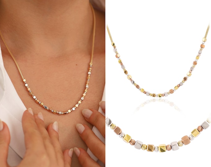 Cubic Design Italian Mesh Chain Necklace, Round Straw Braided 14k Gold Chain Necklace, Yellow, Rose, White Gold Ball Beads, Handmade Jewelry