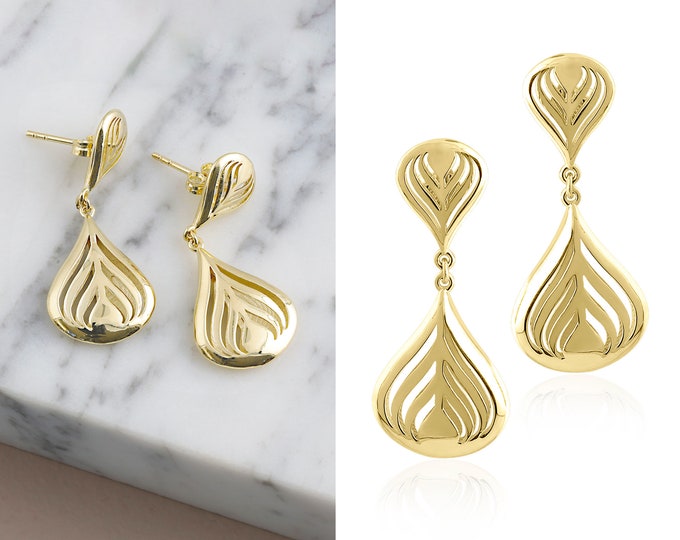 14k Gold Teardrop Shaped Earrings | Dangling Earrings, Handmade Drop Earrings, Dainty Earrings, Christmas Gift, Gift for Her, Mother Gift