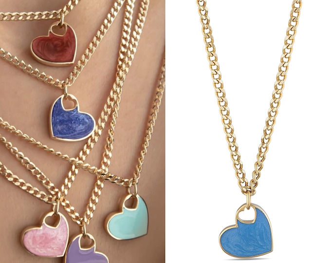 Red, Pink, Purple Heart Charm Necklace | 14k Gold Curb Chain Necklace w/ Flat Heart Pendant, Birthday Gift, Anniversary Gift, Gift for Her
