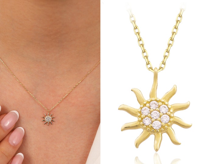 14K Gold Sun Necklace With Stones | Sunshine Pendant, Minimalist Jewelry, Celestial Necklace, Everyday Layering Necklace, Thoughtful Gift,