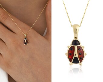 14k Gold Red Ladybug Pendant | Dainty Animal Charm, Luck Charm, Ladybird Charm Minimal Necklace for Everyday, Fine Jewelry, Gift for Her