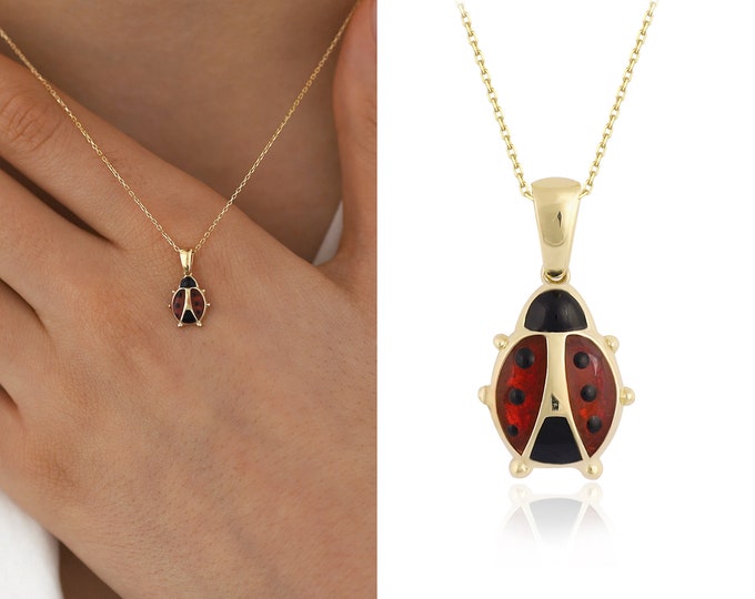 14k Gold Red Ladybug Pendant | Dainty Animal Charm, Luck Charm, Ladybird Charm Minimal Necklace for Everyday, Fine Jewelry, Gift for Her