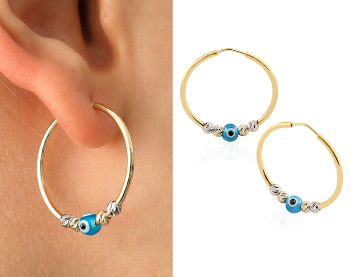 14k Gold HOOP Earrings w/ Curved Gold Beads & Blue Evil Eye Bead | Traditional Jewelry, Good Luck Charm, Dainty BOHO Earrings, Gift for Her
