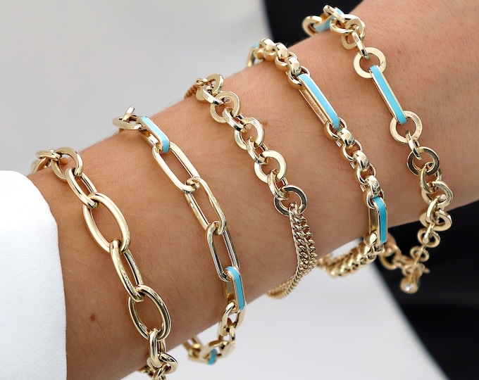 14k Gold Unique Design Bracelet | Blue Enamel Link, Rolo Chain, Thick & Long Paperclip Stacking Bracelet, Christmas Gift, Anniversary Gift