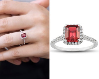 Ring Ruby Gold Vintage, Ruby Square Ring w Paved Diamonds Perimeter, 14k Bride Ring | Emerald Cut Ruby Bridesmaid Gift, July Birthstone Ring