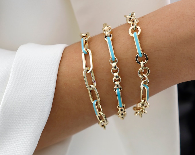 Latest Fashion! Aqua Blue Large Rolo & Paperclip Bracelet | 8mm Circle Rolo Links, Handmade Jewelry, Stacking Bracelet, Christmas Gift