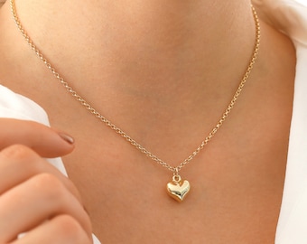 14k Gold Puffy Heart Necklace | Rolo Chain with Vintage 3D Heart Charm Pendant