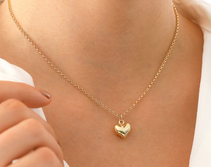 14k Gold Puffy Heart Necklace | Rolo Chain with Vintage 3D Heart Charm Pendant