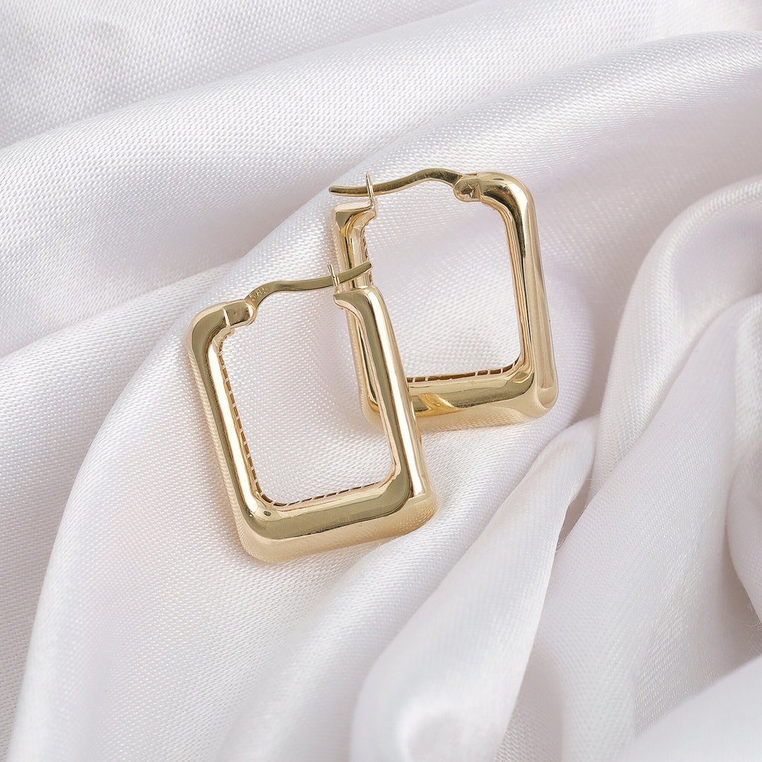 Rectangular Rounded Earrings 14k Gold Rectangle Hoop Earrings | Bold Geometric Wide Chunky Huggie ...