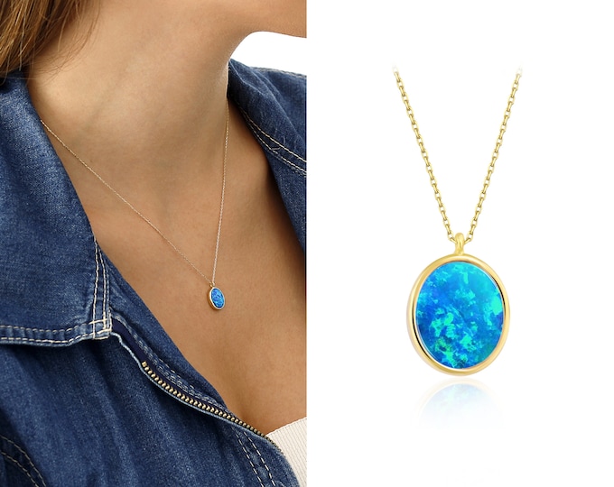 Blue Opal Gold Necklace | Minimal 14k Gold Opal Gemstone Necklace, Everyday Necklace, October Birthstone, Anniversary Gift, October Birthday