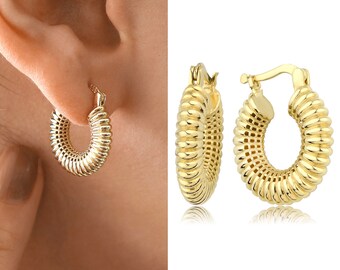 14k Gold Dome Croissant Earrings | Shell Design, Large Round Hinged Hoop Earrings, Flashy Casual Jewelry as Birthday Gift, New Work Gift