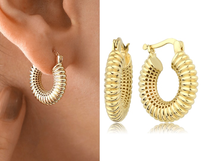 14k Gold Dome Croissant Earrings | Shell Design, Large Round Hinged Hoop Earrings, Flashy Casual Jewelry as Birthday Gift, New Work Gift
