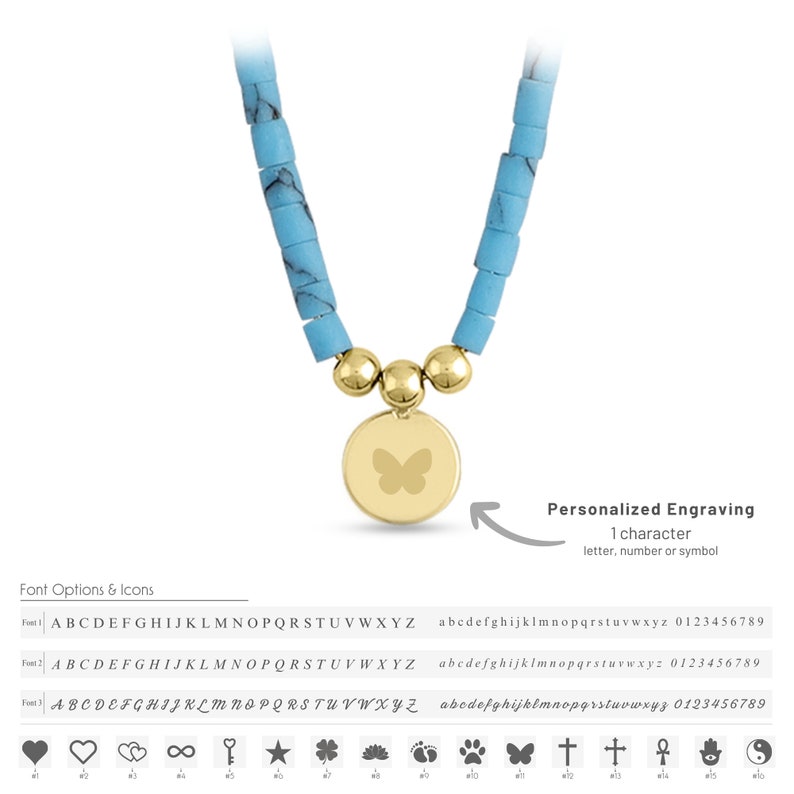 May include: A light blue turquoise beaded necklace with a gold pendant featuring a butterfly design. The pendant can be personalized with one character, a letter, number, or symbol.  Font options are shown below the necklace.