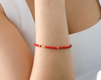 14k Gold Red Coral Bracelet | Coral Stone Bracelet, Red Natural Stone Bracelet, Dainty Stacking Bracelet, Energy Crystal, Birthday Gift