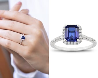 Sapphire Square Ring with Paved Diamonds Perimeter | Blue Sapphire Gemstone | 14k Bride Ring | Emerald Cut Sapphire