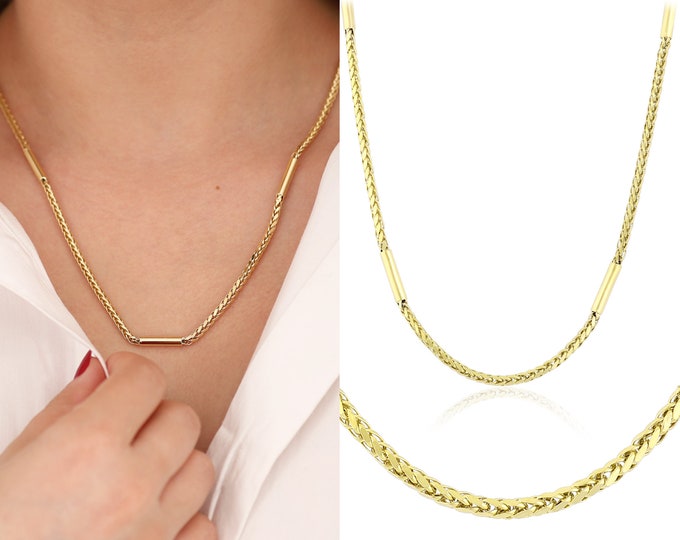 Wheat Chain Necklace with Tubes | 14k Gold Long Tube Chain, Palm Franco Chain Necklace, Foxtail Chain, Spiga Chain Jewelry, Gift for Mother
