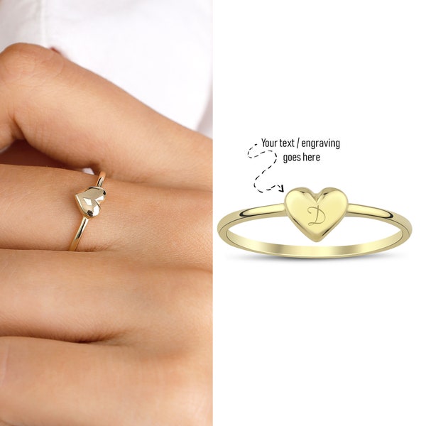 Anello cuore iniziale in oro 14k / Gioielli personalizzati e incisi, piccoli anelli giornalieri eleganti, regalo di Natale, regalo di un giorno speciale, regalo per lei