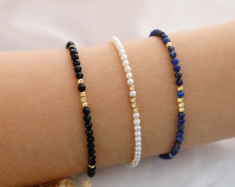 White Pearl Bracelet with 14k Gold Dorica Bead | Genuine Pearl Bracelet, Faceted Dorica Ball, Minimal Stacking Bracelet, Elegant Jewelry