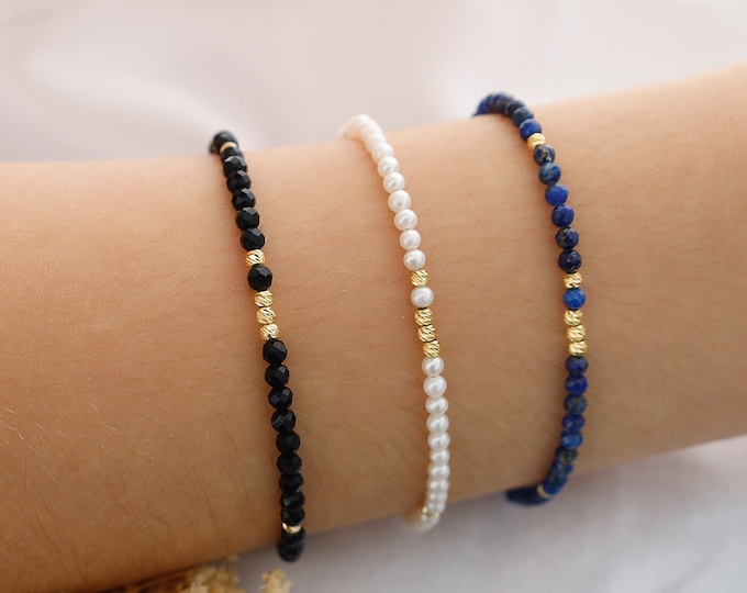 White Pearl Bracelet with 14k Gold Dorica Bead | Genuine Pearl Bracelet, Faceted Dorica Ball, Minimal Stacking Bracelet, Elegant Jewelry