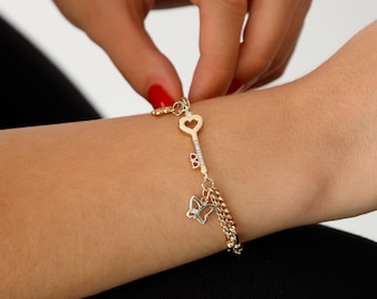 14k Gold Key Charm Bracelet | Curb Chain with Butterfly & Flower Charms, Vintage Look