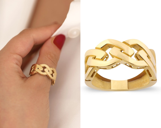 14k Gold Thick Chain Ring | Chunky Chain Ring, Quadrangler Link Ring, Fore Finger Band Ring, Statement Jewelry, Anniversary Gift for Her