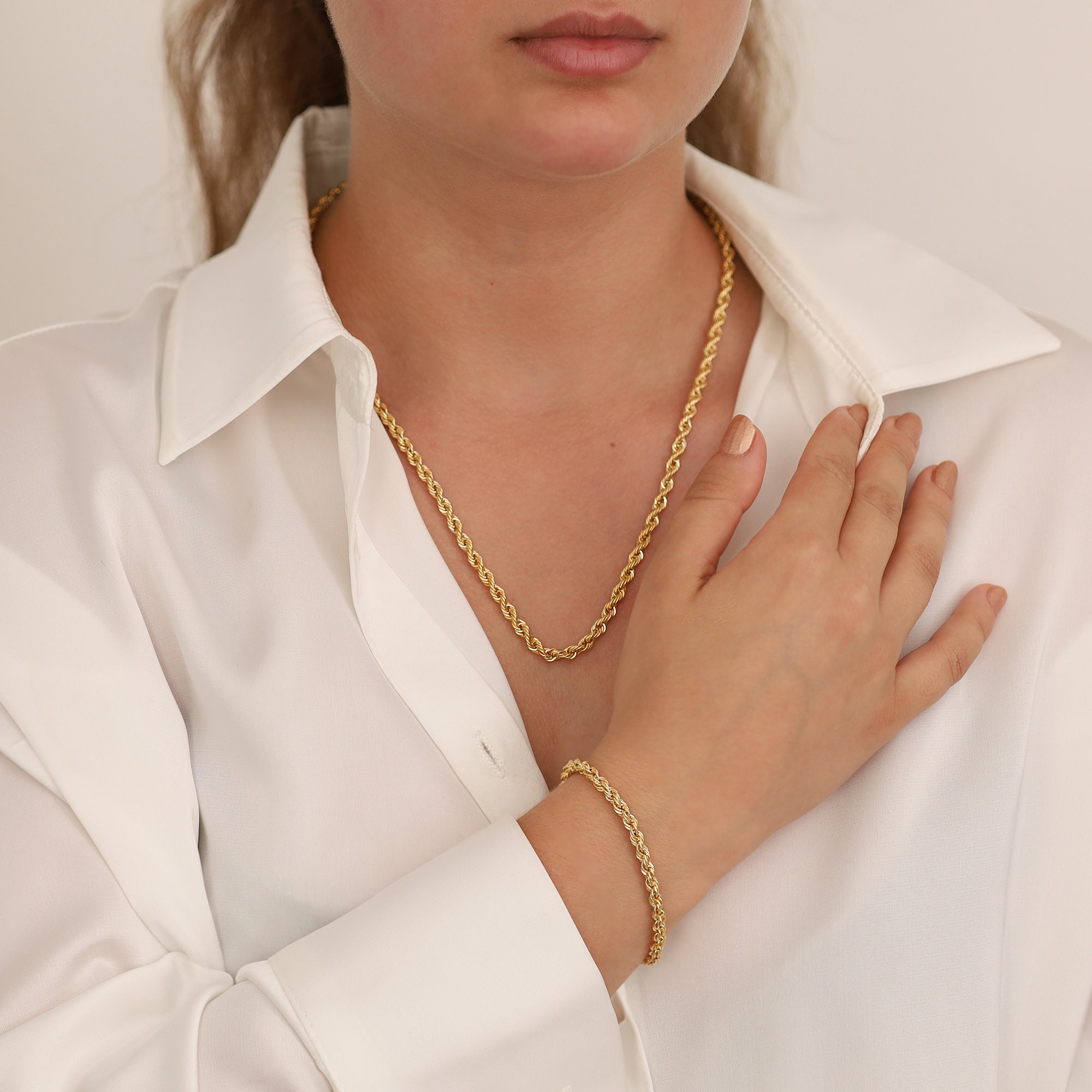 14k Gold 4mm Vintage Look Rope Chain Necklace | Retro 14k Gold 4mm Vintage Look Rope Chain Necklace | Retro
