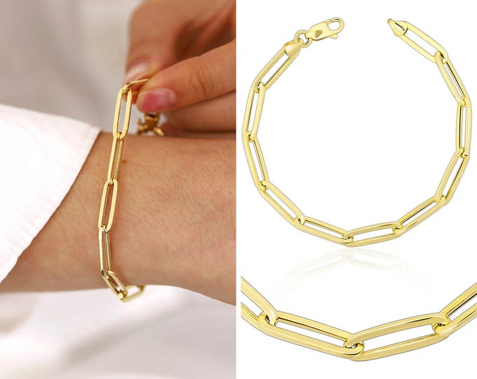 14k gold 6mm elongated paperclip chain bracelet | rectangle paperclip bracelet, layering bracelet, unisex chain, gift for her, gift for him