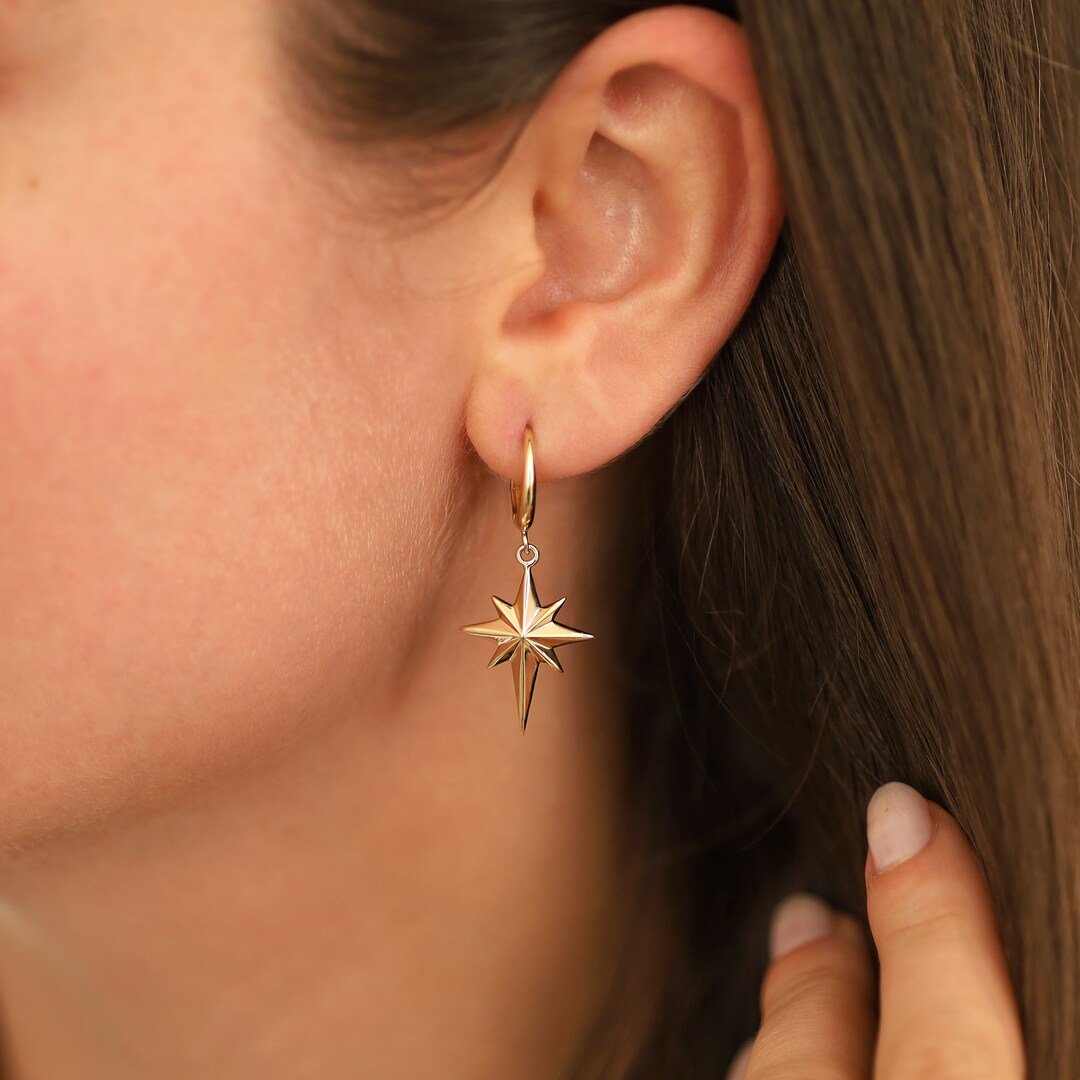 14k Gold North Star Dangle Earrings | Pole Star Pave 14k Gold North Star Dangle Earrings | Pole Star Pave