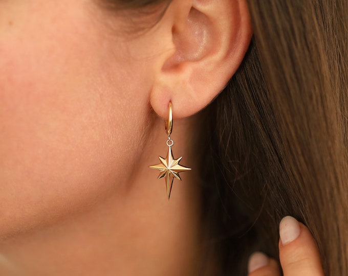 14k Gold North Star Dangle Earrings | Pole Star Pave Earrings, Northern Star Earrings, Starburst Earrings, Celestial Jewelry, Gift For Women