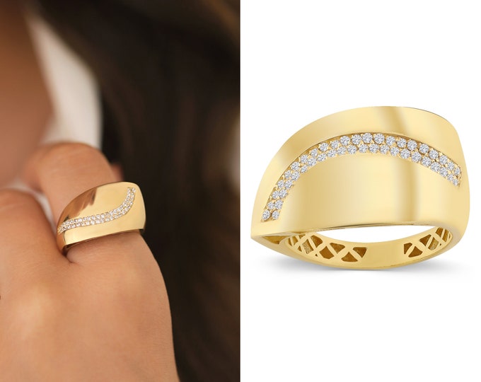 14k Gold Inclined Line Statement Ring | Chunky Fore Finger Ring, Bold Flat Ring, Shiny Dome Ring, Chic Jewelry, Valentines Day Gift for Her