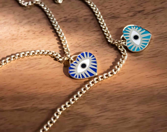 Curb Chain Heart Evil Eye Charm Bracelet, 14k Gold Bracelet w/ Enamel Evileye Talisman, Turkish Bad Eye Whammy Protection | Gift for Her