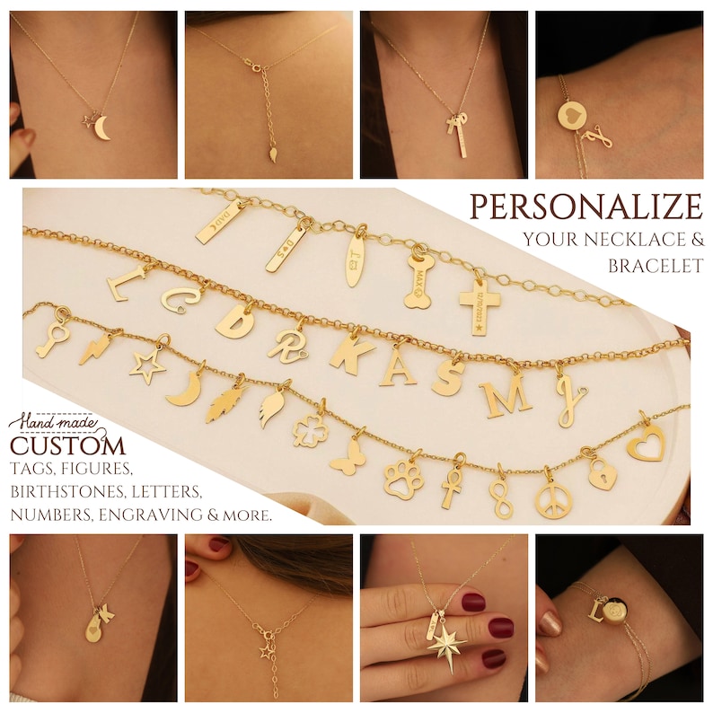 May include: A collection of gold necklaces and bracelets with various charms, including letters, symbols, and figures. The charms are customizable and can be personalized with names, dates, or other meaningful details.  The text "PERSONALIZE YOUR NECKLACE & BRACELET" is displayed above the jewelry.
