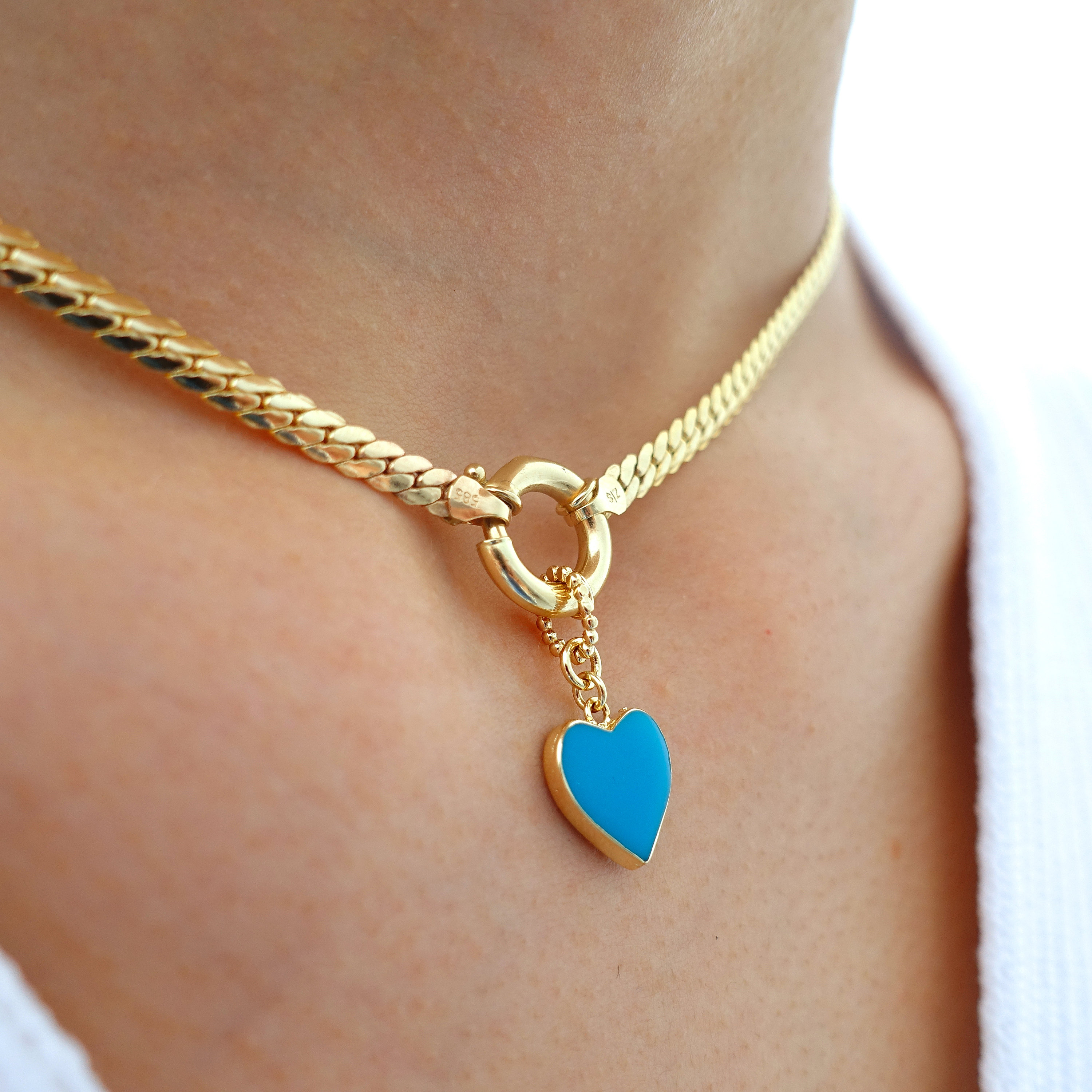 Heart Charm Sailor Lock Herringbone Chain Necklace 14k Gold 