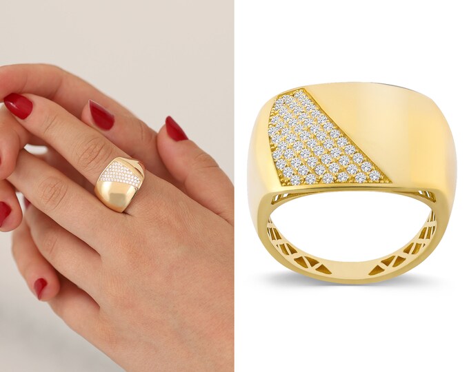 14k Gold Chunky Rectangular Dome Ring | Thick Fore Finger Ring, Shiny Statement Ring, Bold Jewelry, Anniversary Gift, Birthday Gift for Her