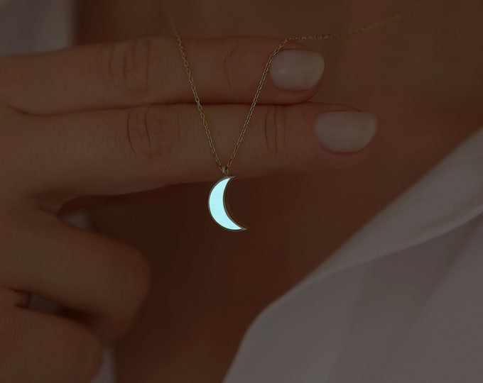 Glow in the Dark Moon Necklace | 14k Gold Moon Necklace, Luminous Crescent Moon Pendant, Luminescent Celestial Jewelry, Shiny Gift for Her