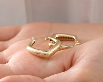 14k Gold Bold Oval Triangle Hoop Earrings | Chubby Geometric Huggies