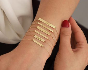 10K/14K Gold Personalized Bar Bracelet | Engraved Name, Date, Icon Plate Bracelet, Simple Gift Idea, Personal Gift, Gift for Children & Kids