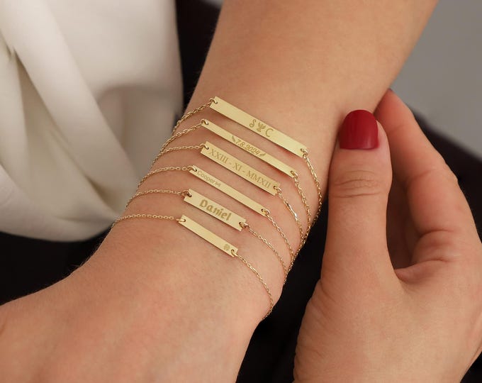 10K/14K Gold Personalized Bar Bracelet | Engraved Name, Date, Icon Plate Bracelet, Simple Gift Idea, Personal Gift, Gift for Children & Kids