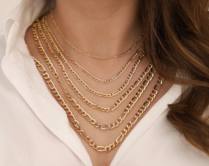 14k Gold Figaro Chain Necklace | 2.5mm to 6.5mm Cuban Chain Layering Necklace, Figaro Stacking Necklace, Unisex Chain Jewelry, Gift for Her