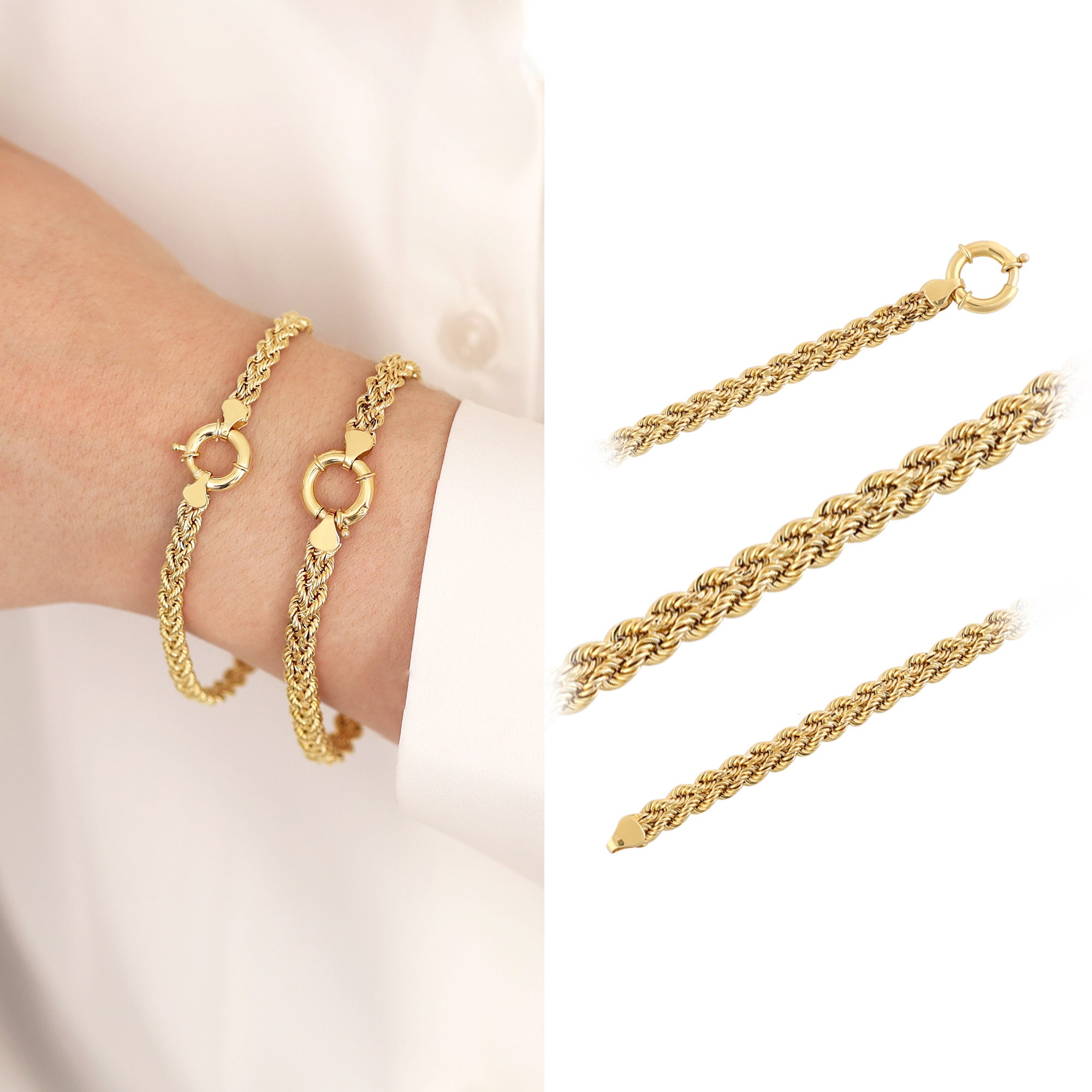 14K Gold Rope Chain Bracelet With Sailor Lock Clasp 5mm Straw Mesh Chain  Bracelet, Stacking Bracelet, Attachable Charms, Gift for Daughter 