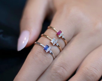14k Gold Emerald Baguette Ring | Diamond Proposal Ring, May Birthstone Wedding Band