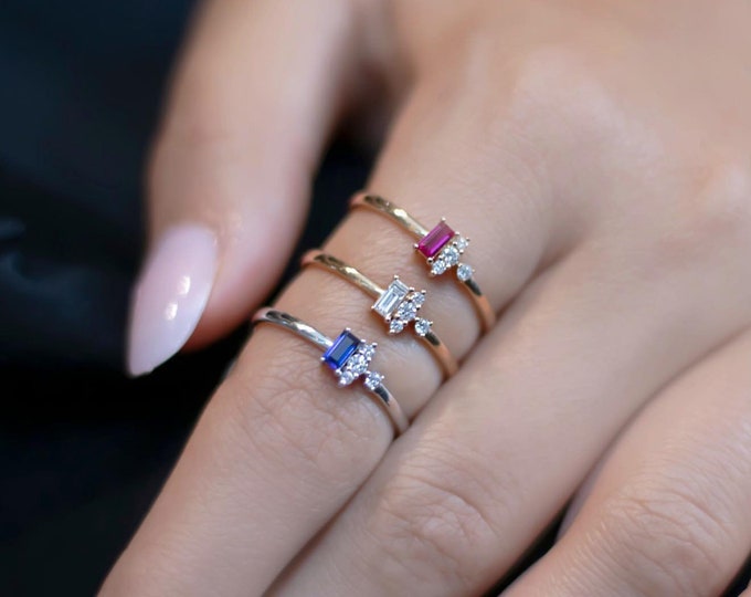 14k Gold Emerald Baguette Ring | Diamond Proposal Ring, May Birthstone Wedding Band