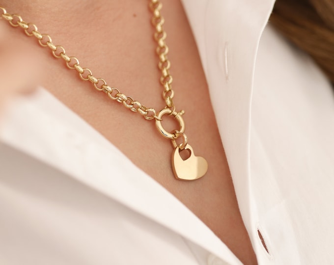14K Gold Flat Heart Charm Necklace | Sailor Lock Jewelry, Stunning Necklace, Romantic Jewelry For Valentine, Toughtful Gift, Gift For Her