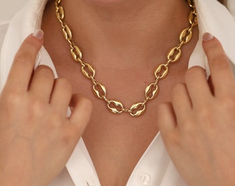 14k Gold Oval Coffee Bean Chain Necklace w/ Sailor Lock | Pig Nose Gold Chunky Necklace | Thick Sequin Link, Bold Chain | Gift for Her